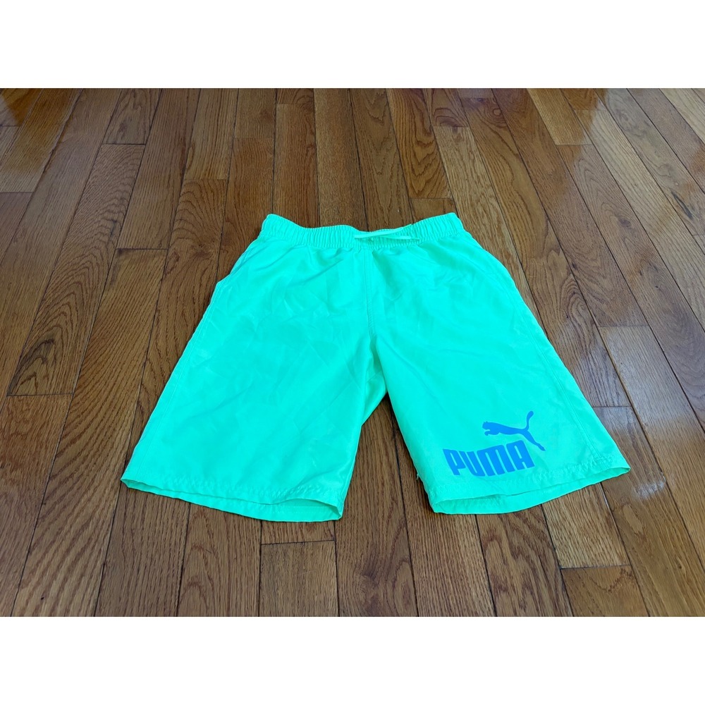 Puma Boys XL Swim Trunks Neon Green Blue Logo Mesh Lined Board Shorts